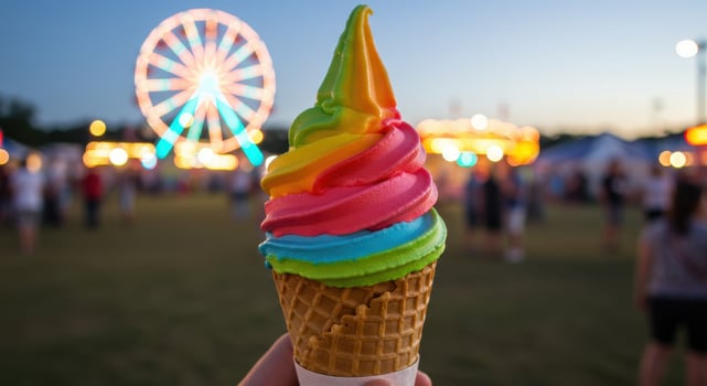 Colorful rainbow ice cream cone at summer night carnival with ferris wheel and blurred people in background. Sweet treat at fairground event. photo