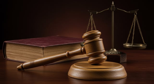 Gavel rests on sounding block, with scales of justice and law book in background. Symbolizes legal system, courtroom proceedings, and jurisprudence. photo