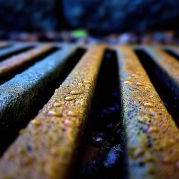 Water droplets gather on a metal drain cover photo