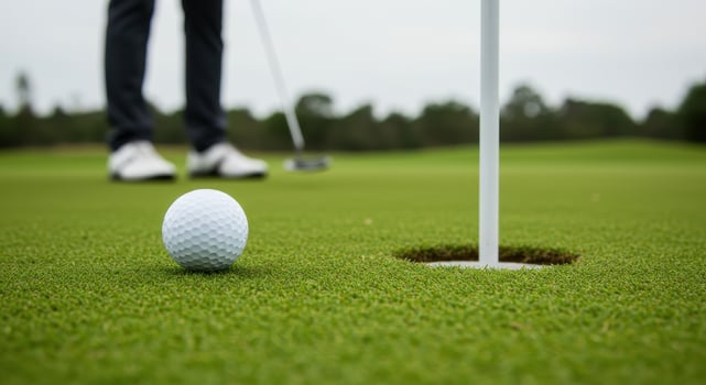 Close up of a golf ball near the hole on the green, ready to be putted by a golfer in the background. Focus on precision and the games challenge. photo