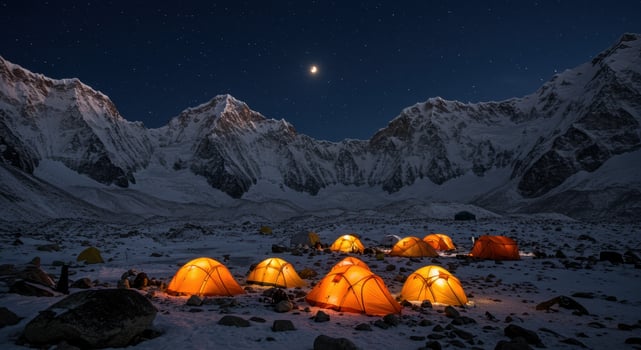 Night view of illuminated tents in snowy mountain landscape under starry sky. Adventure camp in Himalayas with climbers resting for summit climb. photo