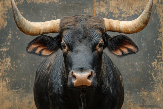 Black bull with striking horns gazes ahead photo