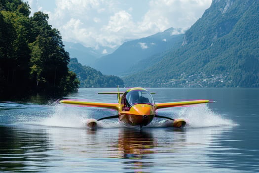Bright orange seaplane lands on tranquil lake photo