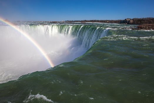 Water rushes over the cliff at Niagara Falls, a breathtaking waterfall located in Ontario, Canada. A vivid rainbow arch across the mist, enhancing the natural beauty of this iconic landscape. photo