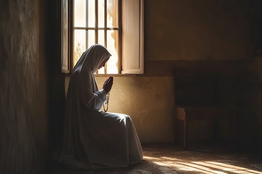 nun immersed in silent prayer within humble, sparsely decorated room. Warm sunlight streams through small window, purity, calm, and spiritual depth of setting photo