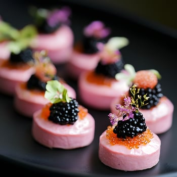 Canapes with red and black caviar on a black background. Pink food. Selective focus. photo