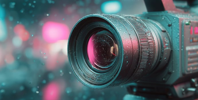 Camera Lens With Raindrops Reflecting Vibrant City Lights photo