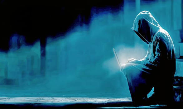 Mysterious Figure Working on Laptop in Dark Urban Setting at Night photo