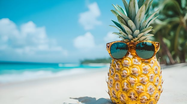 A pineapple with sunglasses on the beach photo