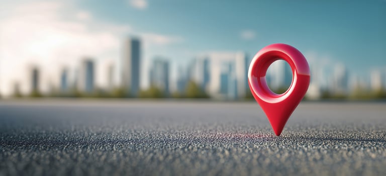 Colorful Location Marker Stands Prominently Against a City Skyline in Bright Daylight photo
