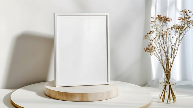 Stylish empty frame on a wooden pedestal next to a vase of dried flowers in a bright interior space with natural light photo