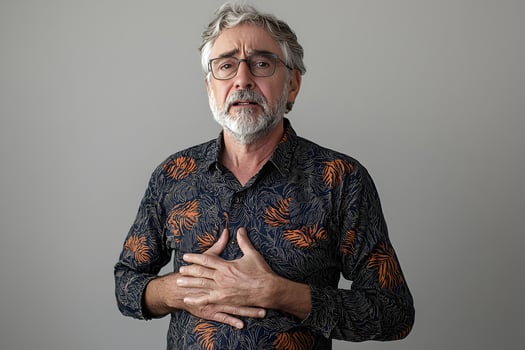 A man with a beard and glasses is holding his chest photo