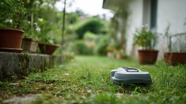 Robotic lawn mower navigating garden edge photo