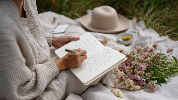 An individual journaling outdoors on a picnic blanket with an open notebook filled with handwritten thoughts surrounded by blooming flowers and soft grass photo