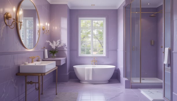 Elegant Purple Bathroom Design Featuring Soaking Tub and Modern Shower in a Serene Setting photo