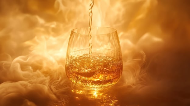 Whisky pouring into glass with golden light and smoke around creates warm mood to celebrate world whisky day with rich amber color and smooth photo