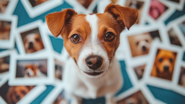 Cute small dog with brown and white fur looking at camera surrounded by blurred dog photos, creating warm and loving atmosphere photo