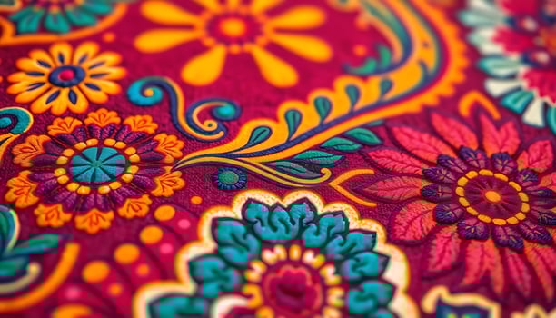 close up of a red and blue paisley print fabric photo