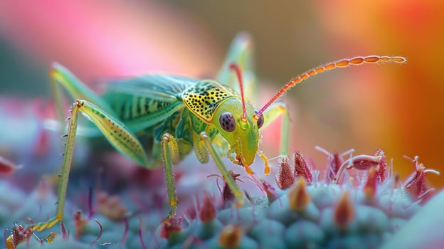 Close-up of a green grasshopper on flowers photo