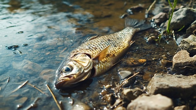 Dead fish lying on the shore of a polluted river exposing environmental damage photo