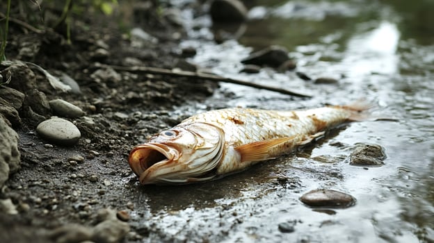 Dead fish laying on polluted shore showing environmental damage photo