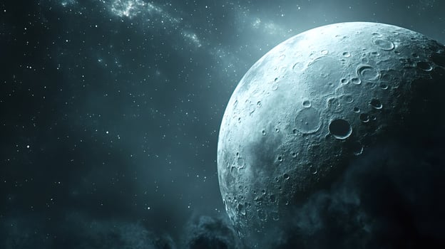 Moon emerging from darkness with stars and nebulae in deep space photo