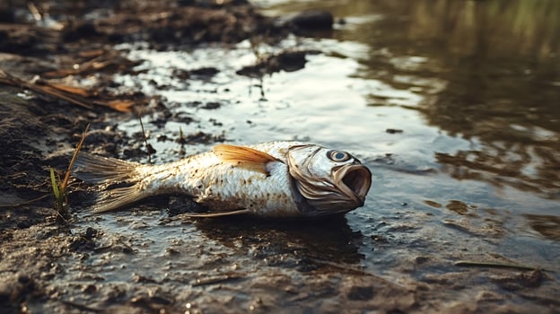 Dead fish lies on dried riverbed showing environmental damage photo