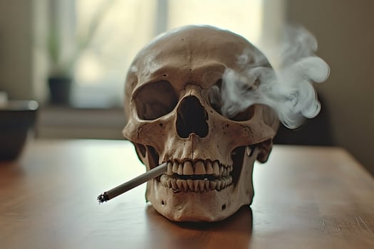 Skull smoking cigarette exhaling smoke inside apartment photo