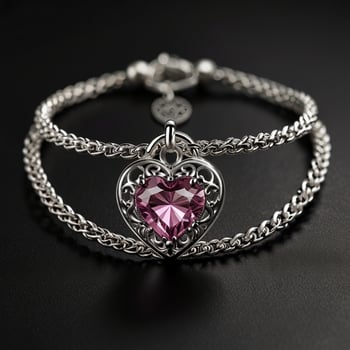 a pink heart shaped bracelet with a silver chain photo