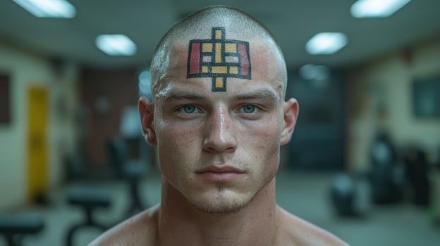 Close up of a man with a geometric tattoo on his forehead in a gym photo