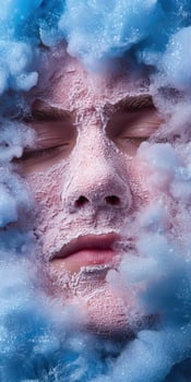 Person with face mask surrounded by blue bubbles photo