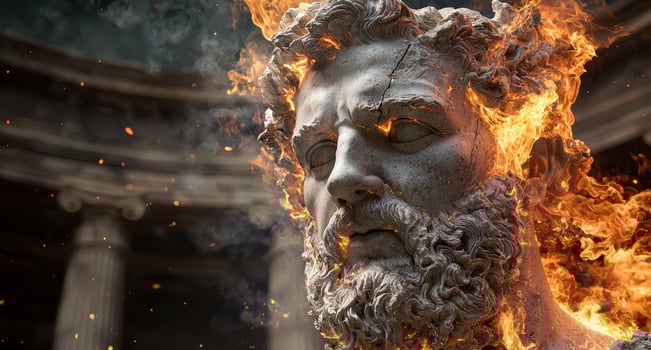 A burning statue of a man stands amidst ancient ruins photo