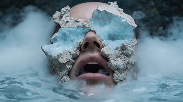 Surreal image of a persons face emerging from water with crystals covering the eyes photo