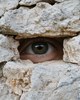 An eye peers through a gap in a stone wall photo