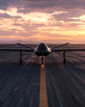 Unmanned aerial vehicle on a runway at sunset photo