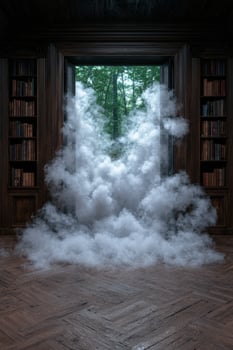 Surreal library portal to a forest with fog photo