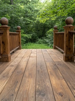Wooden deck overlooking a lush green forest photo
