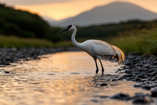 Whooping crane wading in a shallow river at sunset photo