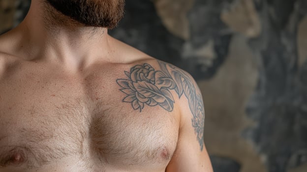 Close up of a mans chest and shoulder with a floral tattoo. photo