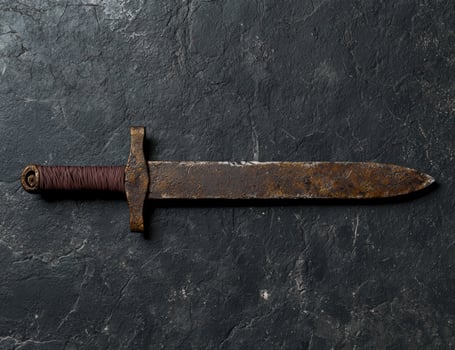 A rusty medieval sword on a stone background photo