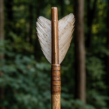 Close up of a handmade arrow with feather fletching in a forest photo