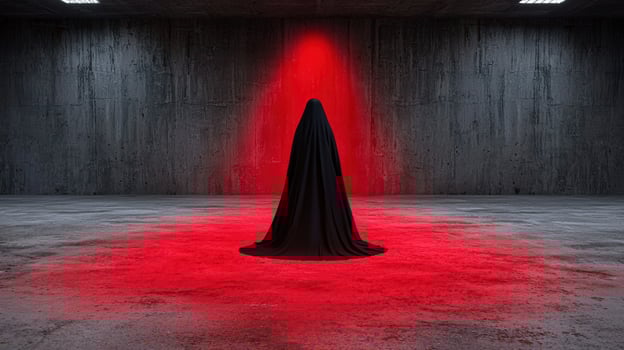 Figure in black cloak standing under red light in a concrete room photo