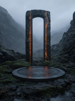 Mystical portal in a dark, foggy landscape photo