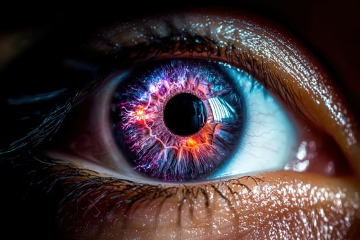 A close up of a human eye with a colorful iris photo