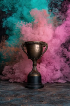 A trophy surrounded by colorful smoke. photo