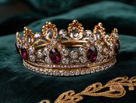 A golden crown with red and white gems on a green velvet surface photo