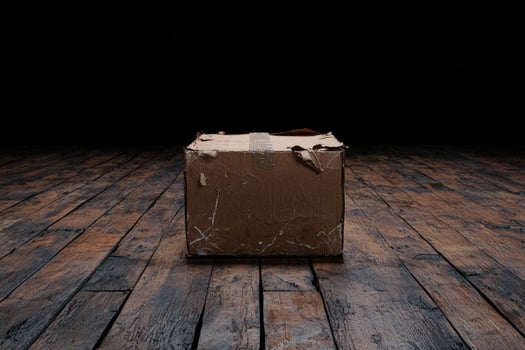 A worn cardboard box sits on a rustic wooden floor photo
