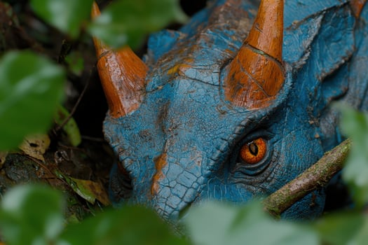 Close up of a blue dinosaur with orange horns in the jungle photo