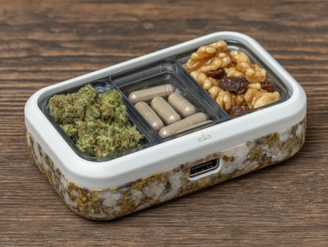 A container with cannabis, pills, and trail mix for healthy living photo