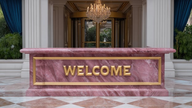 A welcome sign in an elegant hotel lobby photo